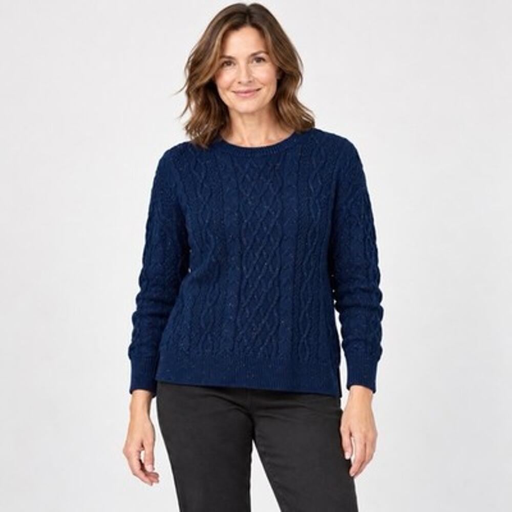 J Crew Women Fisherman Sweater Medium Blue Flecked Cable knit Crew Pullover - Picture 8 of 8